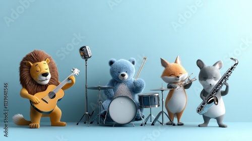 Cartoon animals playing musical instruments.  