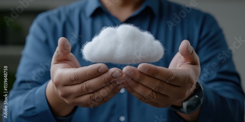 Hands gently cradle a fluffy cloud, symbolizing the intangible yet essential nature of cloud technology in a serene, imaginative gesture. photo