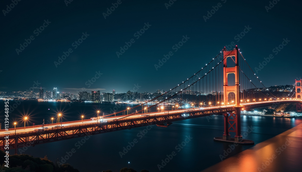 Fototapeta premium Golden hues illuminate San Francisco's iconic bridge under a starry night sky, capturing the city's enchanting skyline and tranquil waters