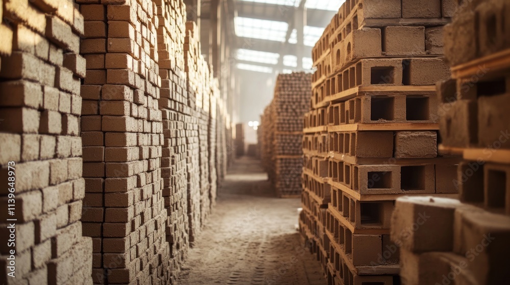 Inside a brick factory, stacks of clay bricks are stacked neatly after being fired in the kiln, ready for distribution and construction projects. Inside a brick factory, stacks of clay bricks are stacked neatly after being fired in the kiln, ready for distribution and construction projects.