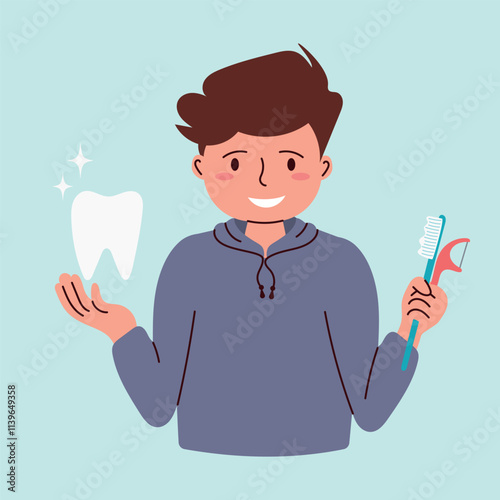 Young happy man holding toothbrush, interdental brush. Vector of dental care recommendations.