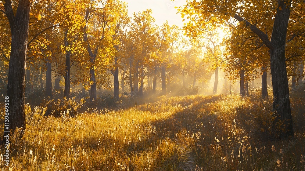 Fototapeta premium Panoramic sunny forest in autumn 16k resolution.