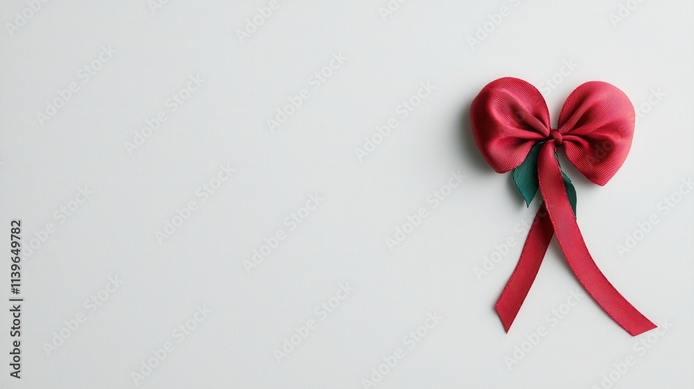 A vibrant red ribbon bow with tails on a soft, neutral background, perfect for gift wrapping or festive decorations.