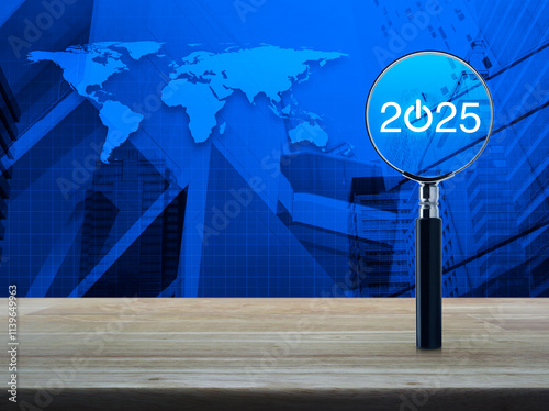 Fototapeta Naklejka Na Ścianę i Meble -  2025 start up icon with magnifying glass on wooden table over world map, city tower and skyscraper, Business happy new year 2025 success concept, Elements of this image furnished by NASA