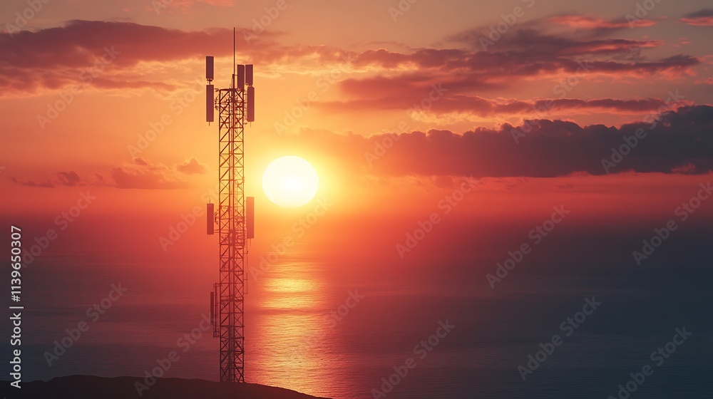 Fototapeta premium Sunset over the Ocean: Cell Tower Silhouette at Golden Hour. AI Generated
