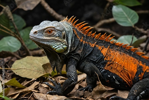 Vivid Iguana Striking Orange and Black Scales in Lush Forest Habitat photo