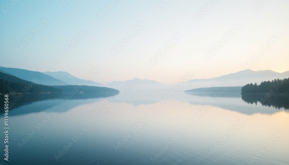 Tranquil morning reflection over a serene lake surrounded by mountains at dawn Tranquil morning reflection over a serene lake surrounded by mountains at dawn