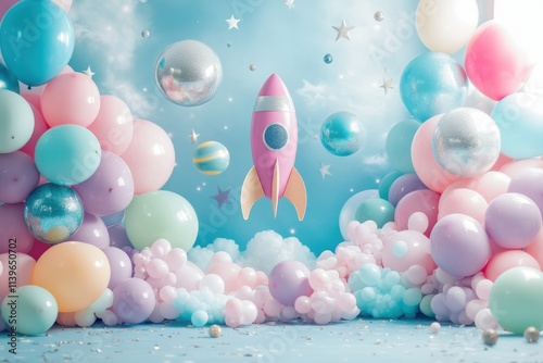 Colorful balloon rocket party setup festive atmosphere creative decoration fun celebration whimsical theme photo