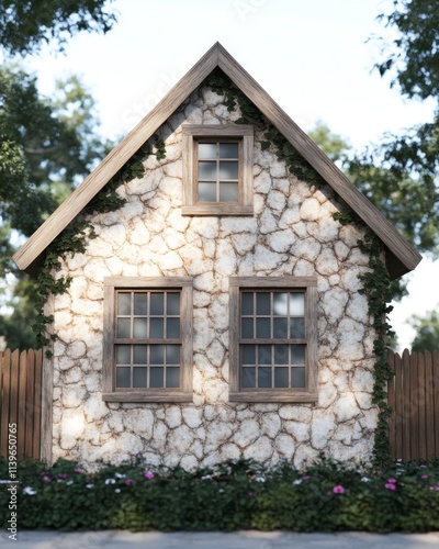 Charming stone cottage with ivy, surrounded by flowers and trees.