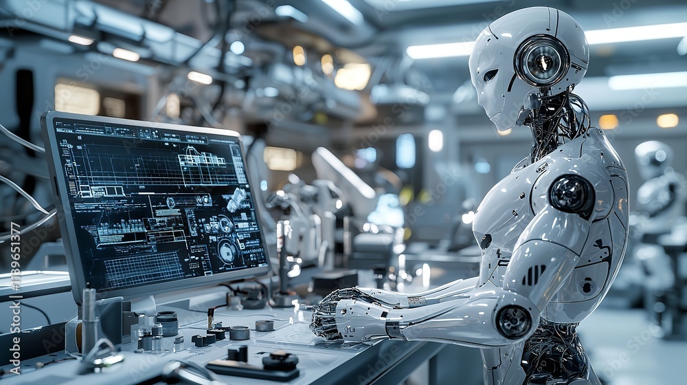 Fototapeta premium Deep in the Heart of a Futuristic Laboratory a Human