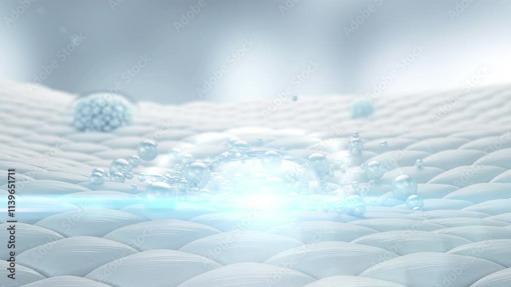 Cosmetic serum Oil drop on skin cell, Skin Repair, moisturizer, collagen serum, Exosome with Skin cells, 3d animation.