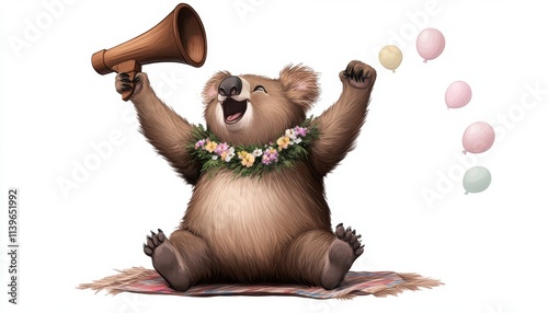 Cheerful koala with lei, megaphone, and balloons. photo