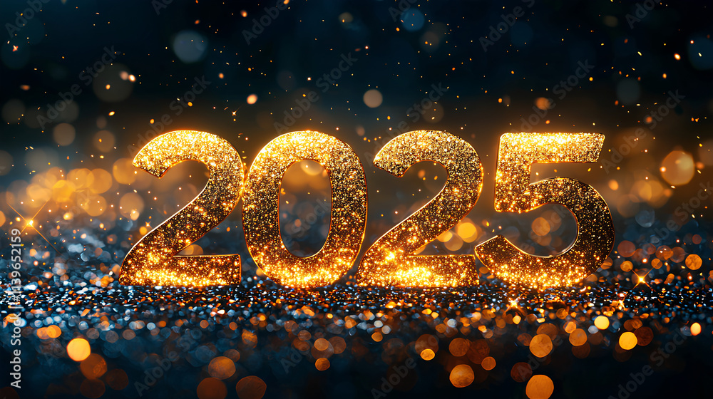 Golden New Year Celebration: Sparkling 2025 with Festive Lights and Glitter Golden New Year Celebration: Sparkling 2025 with Festive Lights and Glitter