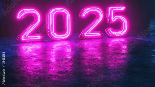 Neon glowing "2025" text for a New Year celebration, with vibrant lights and a futuristic theme. 8k, realistic, full ultra HD, high resolution, and cinematic photography