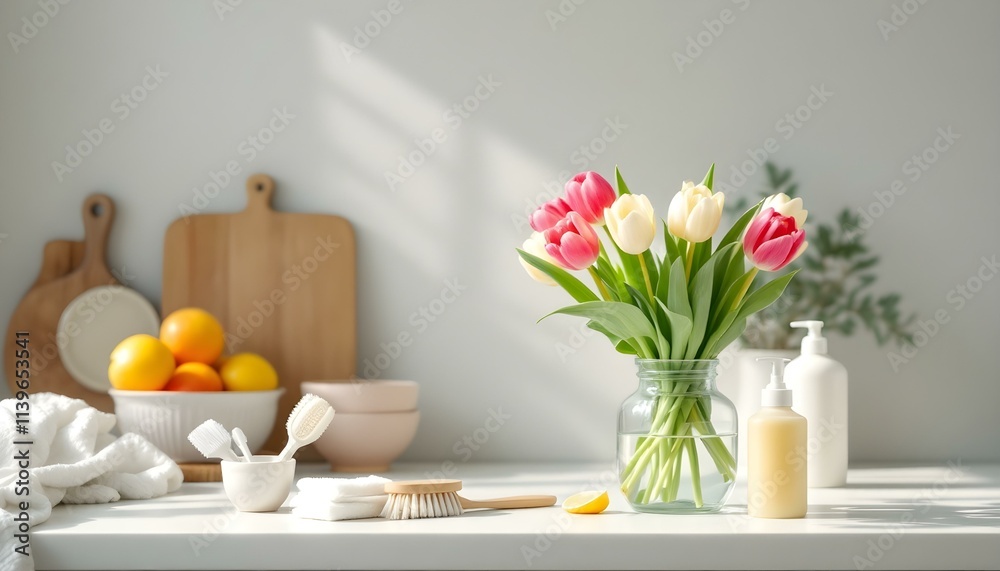 Fototapeta premium A tidy kitchen counter with cleaning supplies like laundry detergent and a brush, paired with a bright bouquet of fresh tulips in a glass jar, bathed in sunlight with a touch of greenery.