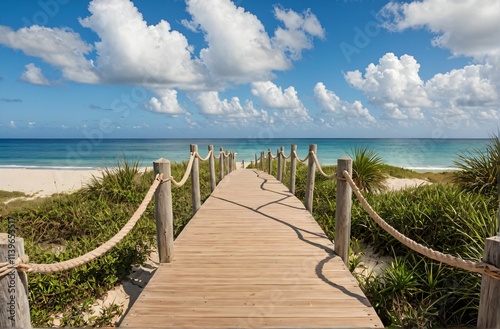 Tropical Beach Paradise Wooden Pathway to Tranquil Ocean Escape photo
