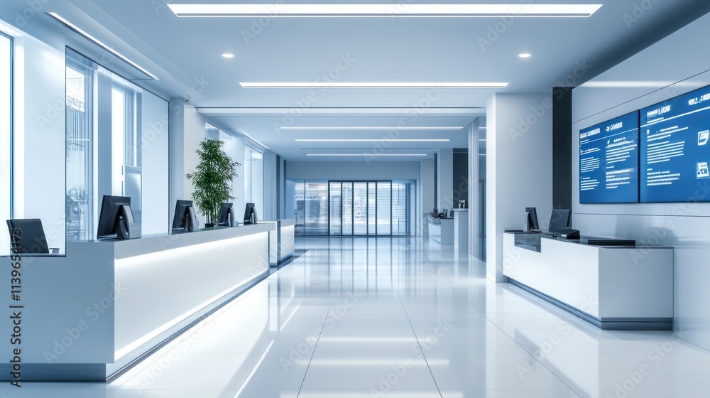 Modern Office Reception Area With Clean Lines And Digital Displays