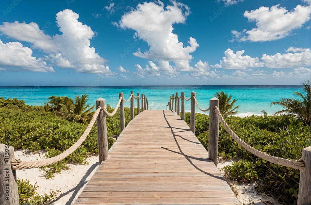 Obraz premium Tropical Paradise Wooden Path to Tranquil Turquoise Ocean and Blue Sky
