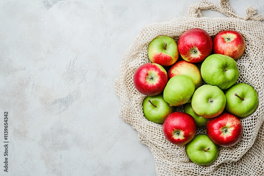 red and green apples in a mesh bag on a light background, top view red and green apples in a mesh bag on a light background, top view