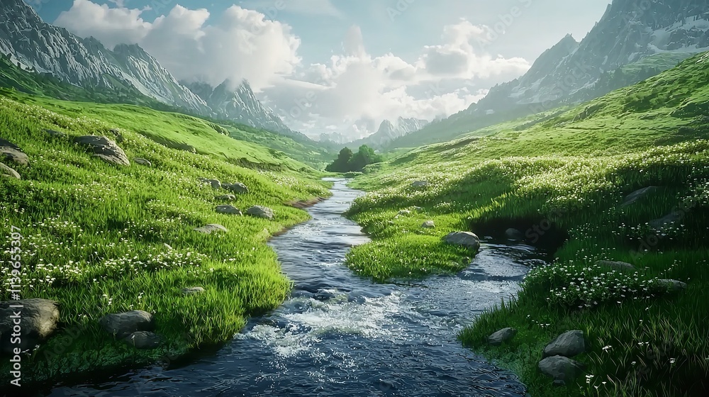Peaceful stream flowing through a green mountain valley. Peaceful stream flowing through a green mountain valley.