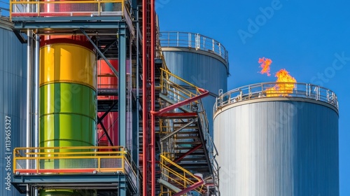 Industrial refinery with colorful tanks and flare stack.