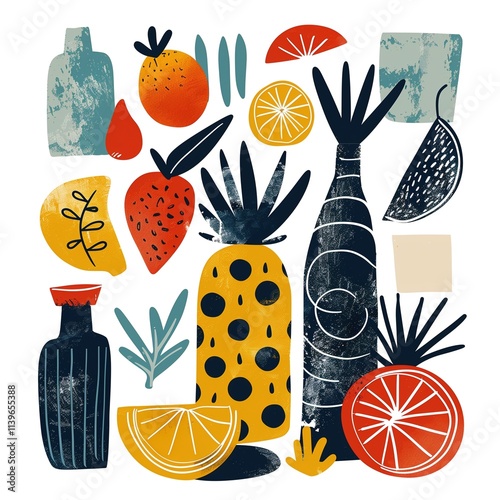 Modern abstract botanical illustration with retro color palette and nature motifs