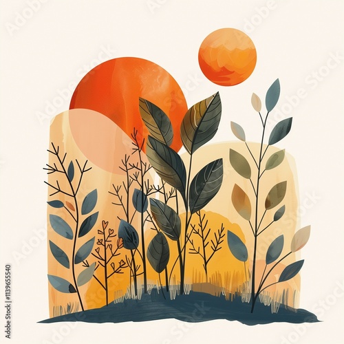 Rustic abstract nature illustration with simple shapes and muted tones