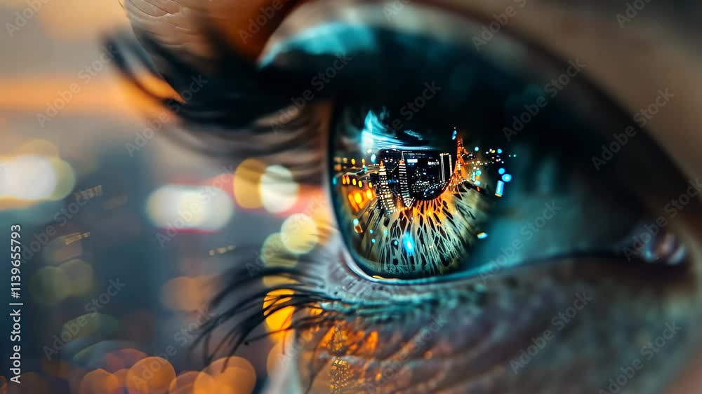 The close-up reveals an eye capturing a vibrant city skyline at dusk, with twinkling lights and a warm sunset sky, showcasing intricate details of reflection and color. The close-up reveals an eye capturing a vibrant city skyline at dusk, with twinkling lights and a warm sunset sky, showcasing intricate details of reflection and color.