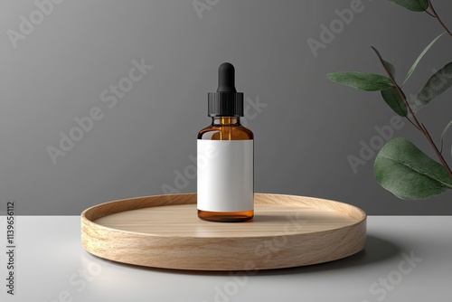 Elegant glass dropper bottle on wooden tray minimalist home decor studio setting calm aesthetic product photography photo