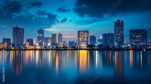 City Skyline at Dusk Reflected on Water. Urban Landscape, Night View, Modern Architecture