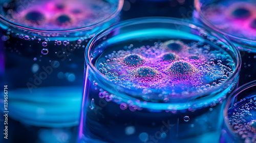 Bubbles in vibrant blue and purple liquid create mesmerizing effect