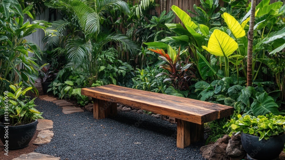 Wooden Bench Amidst Lush Tropical Garden Foliage Wooden Bench Amidst Lush Tropical Garden Foliage