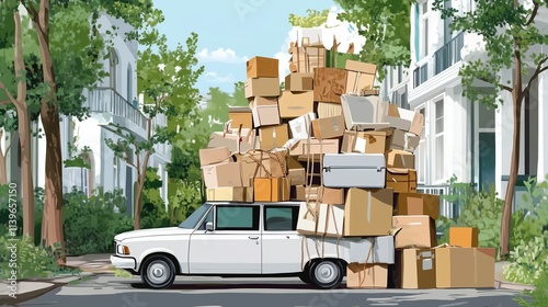 car overloaded with stack of boxes, moving out illustration