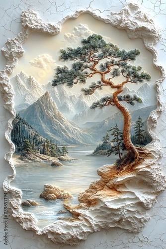 The edge of the plaster picture frame is ornate and three-dimensional, with elaborate carved relief patterns, and the detailed decoration adds depth to its appearance. Super realistic design, high res