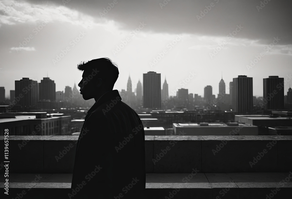 male silhouette against skyscrapers, realistic illustration male silhouette against skyscrapers, realistic illustration