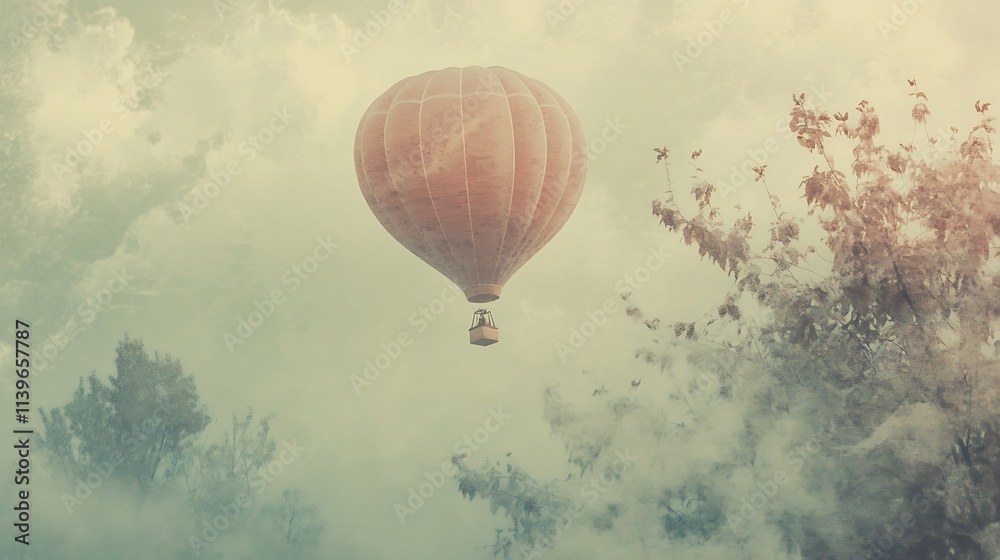 Obraz premium Hot air balloon floats calmly through hazy skies photo.. AI Generated