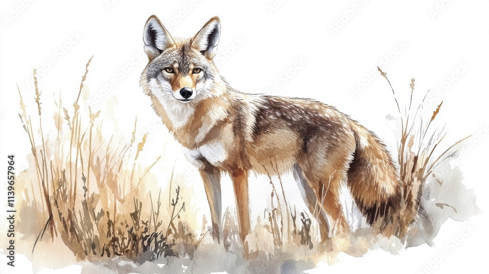 Watercolor illustration of a coyote, with soft hues blending into the natural scenery. Watercolor illustration of a coyote, with soft hues blending into the natural scenery.