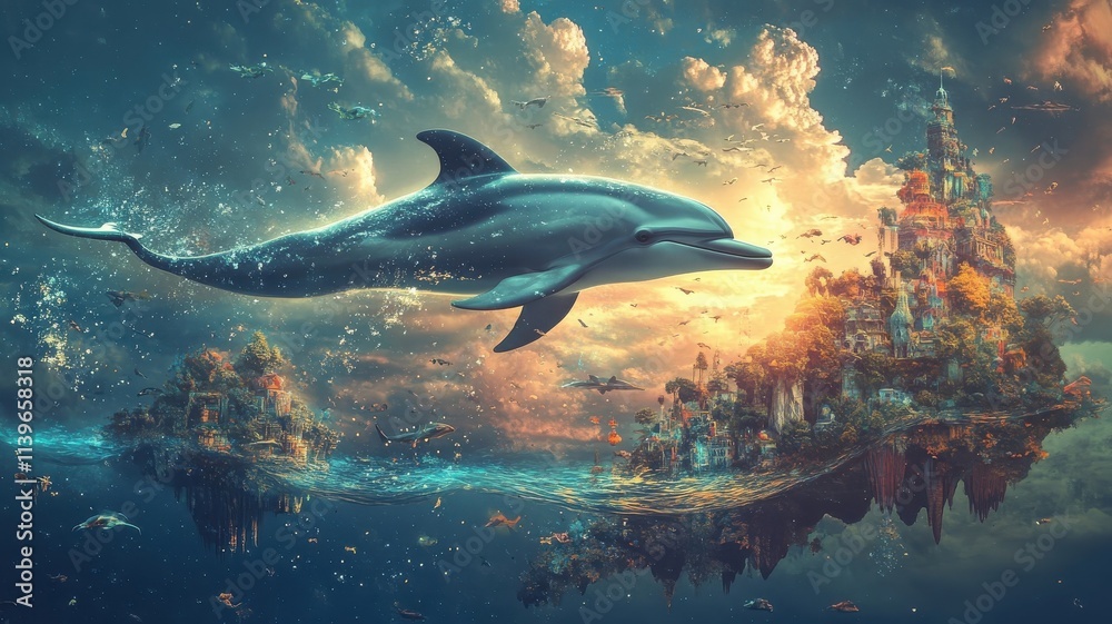 Fototapeta premium Surreal dolphin, leaping through a dreamlike, otherworldly ocean with floating islands and whimsical sea creatures.