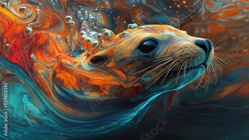 Morphism style sea lion, blending into a vibrant, abstract underwater world with fluid and shape-shifting elements. photo