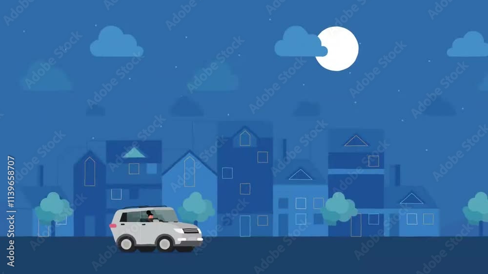 Yellow car driving through city at sunset loopable background. Animated sequence showcases a yellow car driving along a highway, framed by a vibrant city skyline and a stunning sunset.