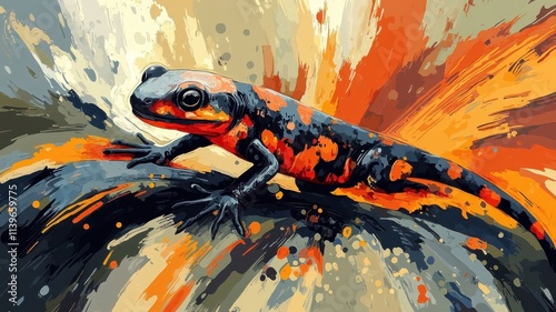 A salamander illustrated in Abstract Expressionism style, using bold strokes and intense colors to convey its dynamic nature. photo