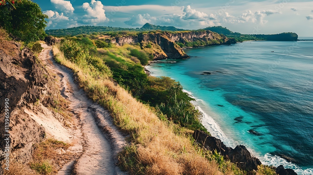 Fototapeta premium Coastal Hiking Trail, Tropical Paradise. Scenic Viewpoint, Adventure, Travel