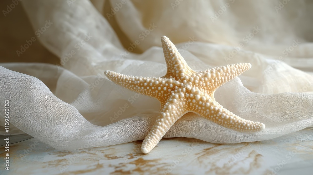 Starfish placed against luxurious curtains, its intricate texture highlighted by the elegant backdrop.