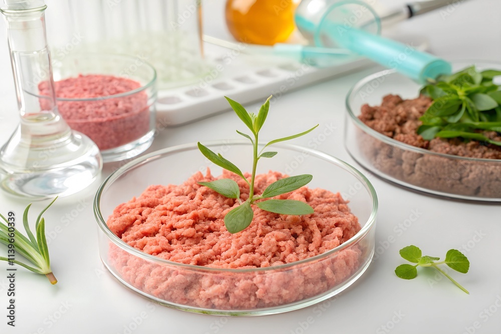 A sprouting green plant emerging from cultured meat in a petri dish, surrounded by laboratory tools, symbolizing advancements in lab-grown meat and sustainability. A sprouting green plant emerging from cultured meat in a petri dish, surrounded by laboratory tools, symbolizing advancements in lab-grown meat and sustainability.