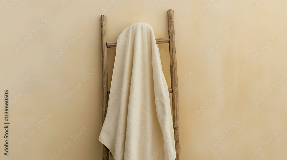 Fototapeta premium A minimalist bathroom with a ladder-style towel rack and wall-mounted storage solutions