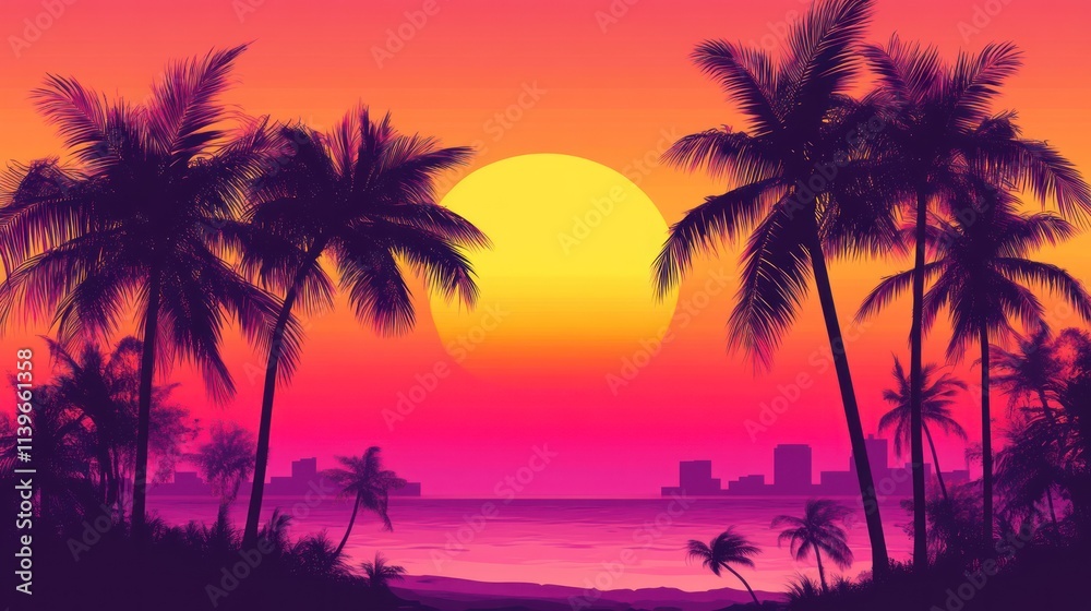Vibrant Sunset Over Tropical Beach Cityscape Palm Trees Vibrant Sunset Over Tropical Beach Cityscape Palm Trees