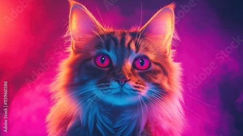 Maine Coon cat glowing in vibrant neon hues, set against a futuristic, Synthwave-inspired backdrop.