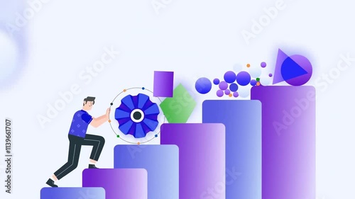 Personal growth animated graphics. Personal growth. Male entrepreneur develops professional skills, climbs career ladder and achieves success. Moving banner with character reaching for goals. Cartoon 