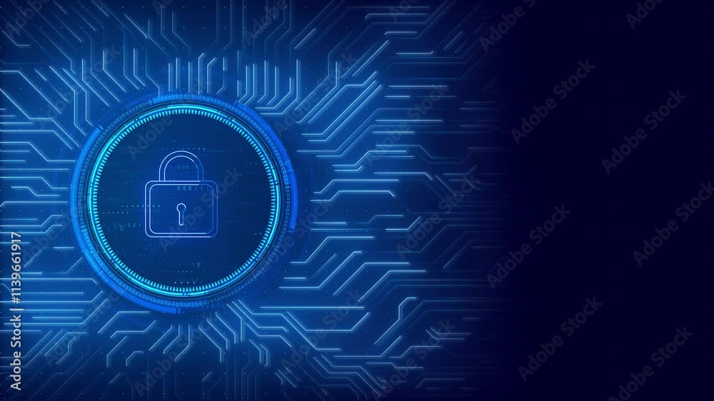 Cyber security and digital computer protection padlock symbol. Network, cyber technology and computer background. Ideal for cybersecurity and safety. Digital network protect from virus and malware 3D