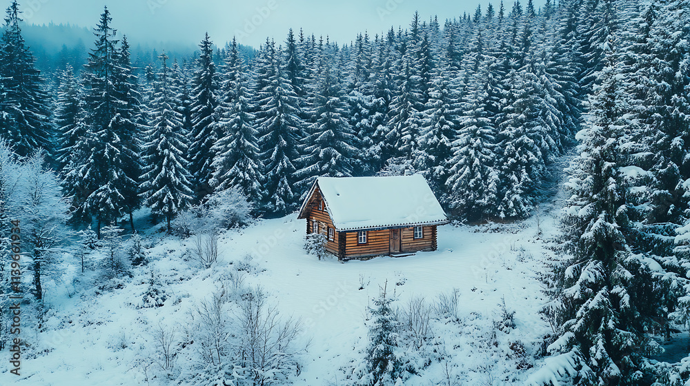 A warm brick house nestled in a snowy forest A warm brick house nestled in a snowy forest